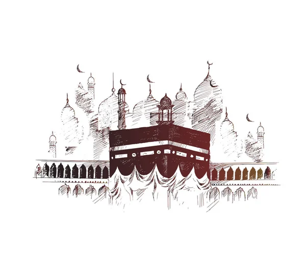 Santa Kaaba alla Mecca Arabia Saudita, Disegnato a mano Sketch Vector illus — Vettoriale Stock