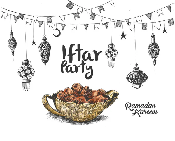 Ramadan Kareem Iftar petrecere sărbătoare, mână desenată schiță Vector — Vector de stoc
