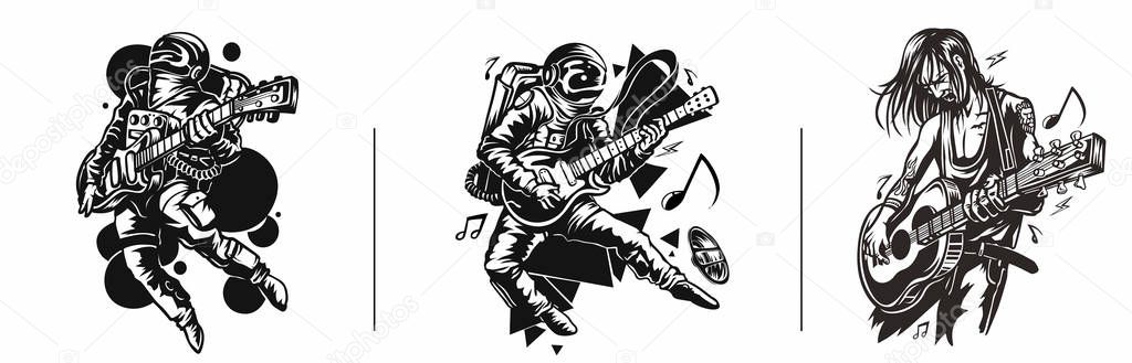 Set of T-shirt Design Astronaut in Playing Guitar, Hand Drawn Sk