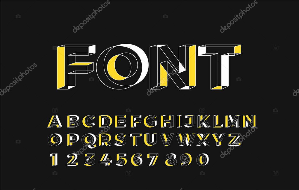 3d geometric alphabet font. Letters, numbers and symbols.
