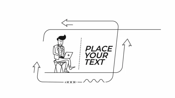 フラット線形推進幾何学的な形状若い男がノートパソコンのバナー スクロール ステッカー バッジ 価格タグ ポスターと座って — ストックベクタ