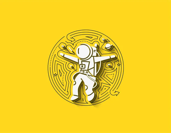 Astronaut Padající Dolů Plochý Kruh Line Art Design Illustration — Stockový vektor