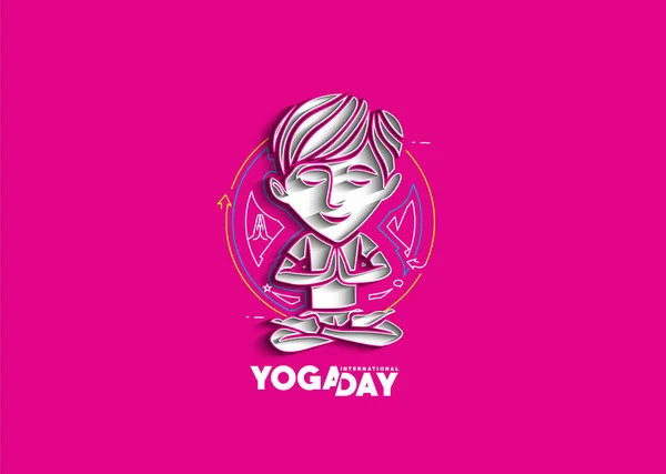 Pojke Som Utövar Yoga Poserar Juni Internationell Yogadag Vektor — Stock vektor
