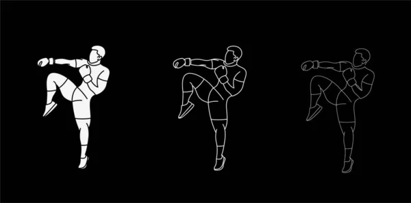 Set Silhouette Boxing Making Standing Side Kick Flat Line Art — стоковий вектор