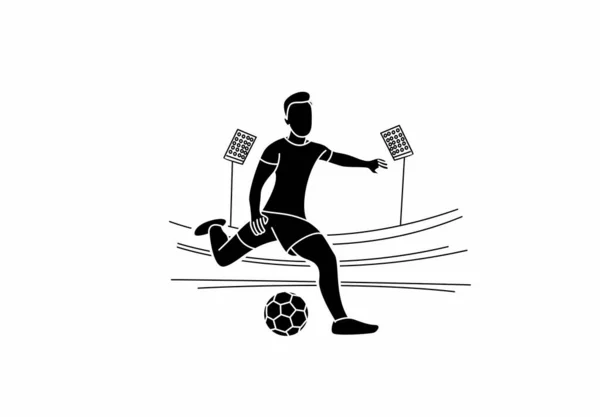 Jugador Fútbol Patea Pelota Ilustración Vector Arte Línea Plana — Vector de stock