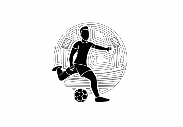 Fotbollsspelare Sparkar Bollen Flat Line Konst Vektor Illustration — Stock vektor