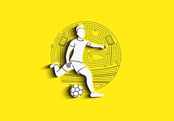 Football Player Kicks Ball Flat Line Art Vector Illustration — Stock Vector