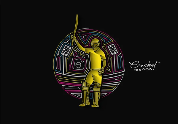 バットマンのクリケットをプレイするコンセプトは 100年ぶりにバットを上げる チャンピオンシップ ラインアートデザインベクトルイラスト — ストックベクタ
