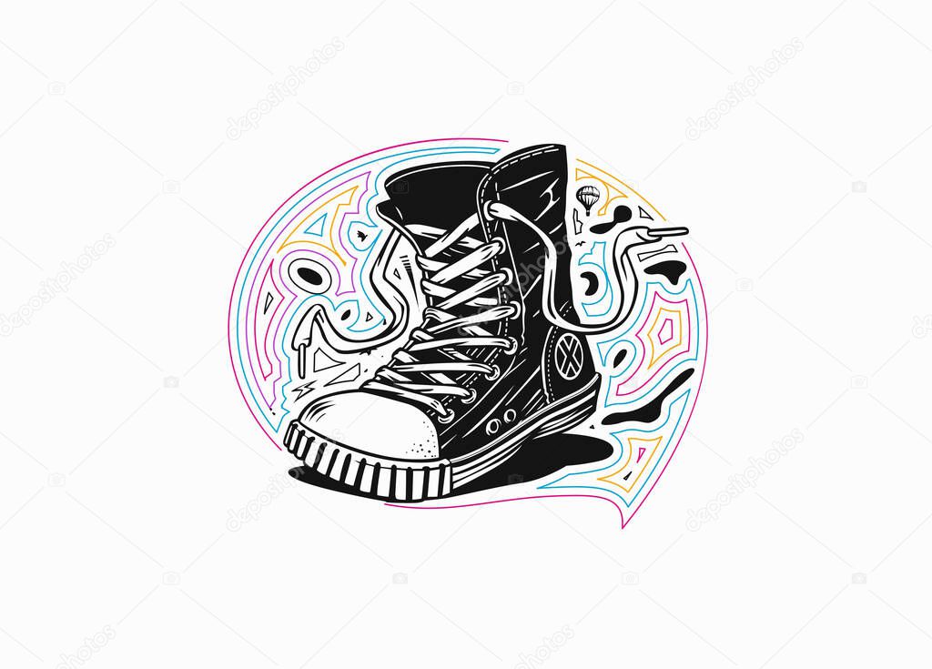 Hipster sneakers in hand drawn flat line art graphic, Vector fashion illustration.