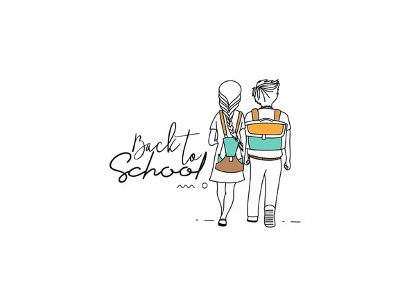 バックスクールへカリグラフィック3Dスタイルテキスト付き男の子と女の子とスクールバッグの後ろにバックベクトルイラストデザイン — ストックベクタ
