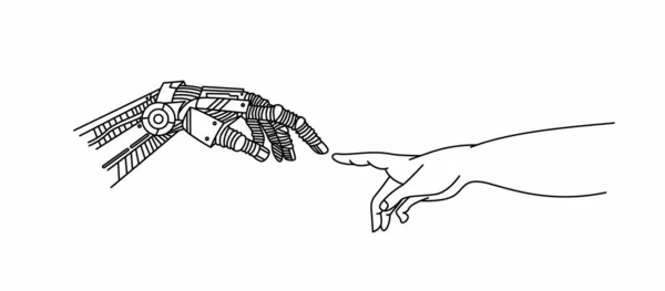 指で触れるロボットと人間の手 バーチャルリアリティや人工知能技術の概念 ハンドドロースケッチデザインイラスト — ストックベクタ