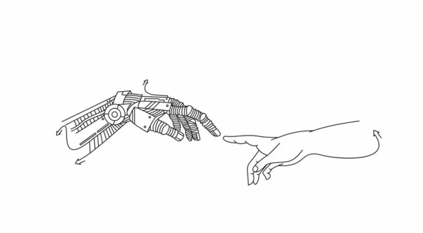 Handen Van Robot Menselijke Handen Aanraking Met Vingers Virtual Reality — Stockvector