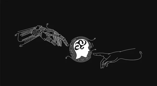 Mains Robot Mains Humaines Touchant Avec Les Doigts Avec Visage — Image vectorielle
