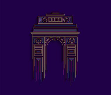 Yeni Delhi 'deki Hindistan Kapısı. 1920 'lerin zafer kemeri ve savaş anıtı. Çizgi sanat vektörü illüstrasyonu. 