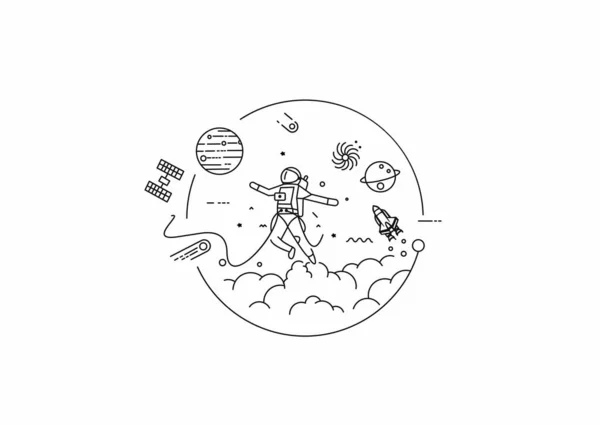 宇宙飛行士が宇宙に落ちる フラットラインアートデザインイラスト — ストックベクタ