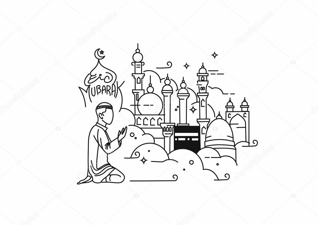 Muslim young man praying ( Fajr, Zuhr, Asr, Maghrib, and Isha ) - eid mubarak, vector Illustration.