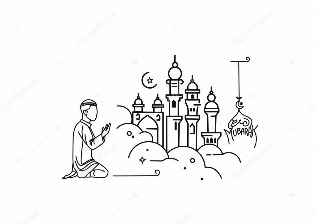 Muslim young man praying ( Fajr, Zuhr, Asr, Maghrib, and Isha ) - eid mubarak, vector Illustration.