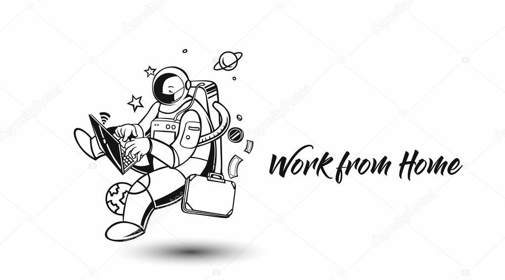 Astronaut in spacesuit working on laptop - work from home, Hand Drawn Sketch Vector illustration.