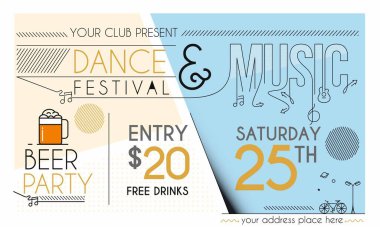 Müzik partisi broşürü, broşür, dergi kapağı ve poster şablonu, vektör illüstrasyonu. 