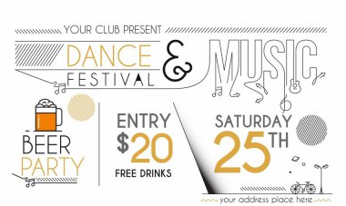 Müzik partisi broşürü, broşür, dergi kapağı ve poster şablonu, vektör illüstrasyonu. 