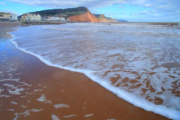 Vlny Písečné Pláži Městě Sidmouth Devon — Stock fotografie