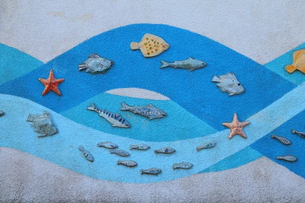 Fachada Pared Decorada Con Peces Mar —  Fotos de Stock