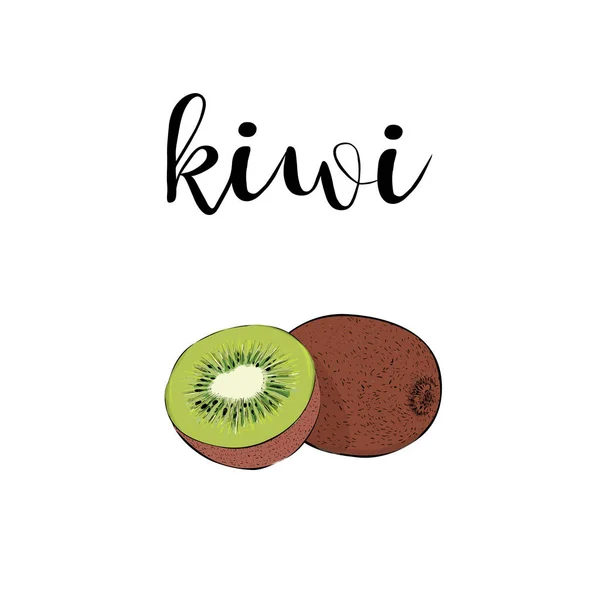 Kiwi ovoce barvu vektorové ilustrace s textem kaligrafický nápis — Stockový vektor