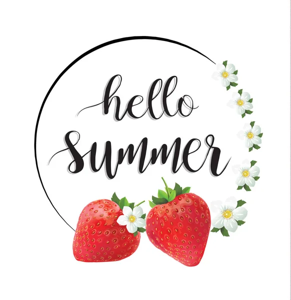 Γεια σας το καλοκαίρι! καλοκαίρι κάρτα με λουλούδια και φράουλα ανθισμένα για μια αφίσα. διάνυσμα — Διανυσματικό Αρχείο