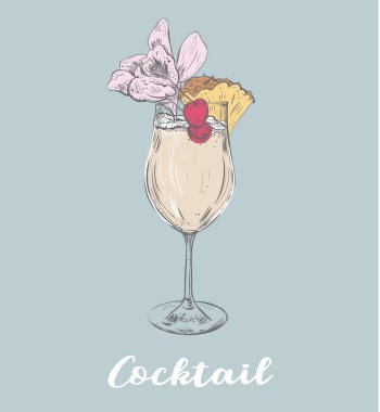 Ananas ve çiçek ve kiraz kokteyl yaz kroki çizimi. El çizimi 