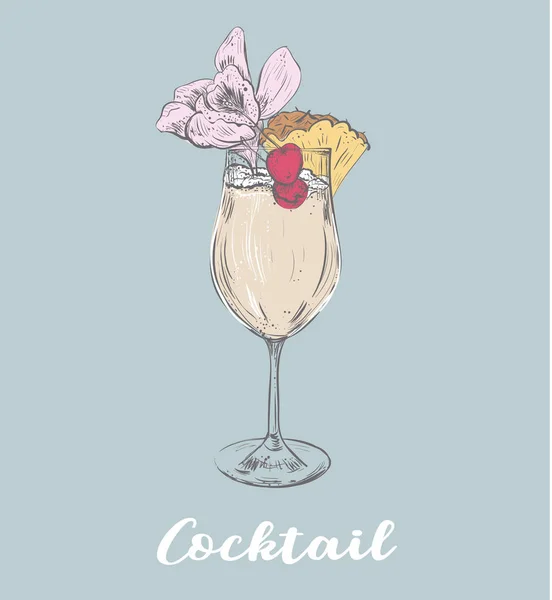 Cocktail zomer schets illustratie met ananas en bloem en kersen. Hand tekenen — Stockvector