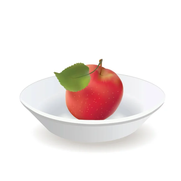 Pomme est rouge avec une feuille sur une assiette blanche . — Image vectorielle