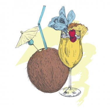 Egzotik tropik kokteyl Hindistan cevizi, ananas ve kiraz