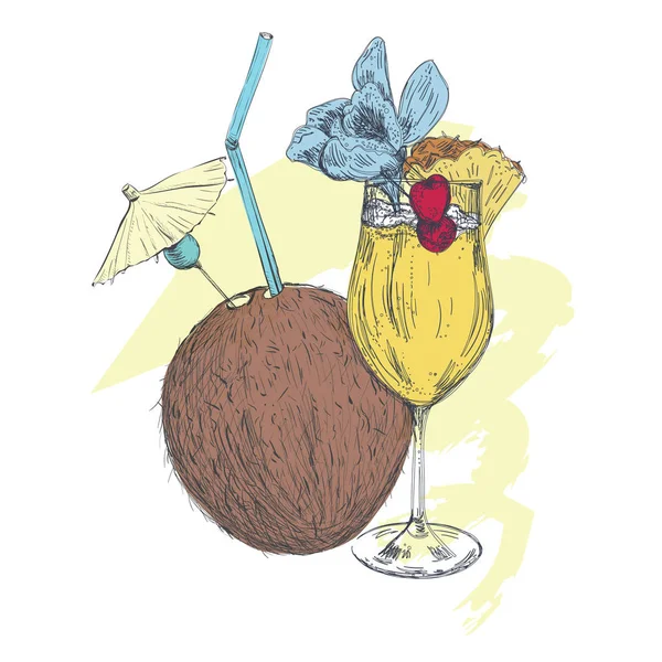 Екзотичний тропічний коктейль з кокосового горіха, ананаса та вишні — стоковий вектор