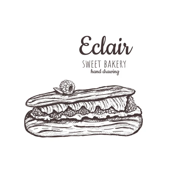 Eclair sketch. Eclair with raspberries. — Stock Vector