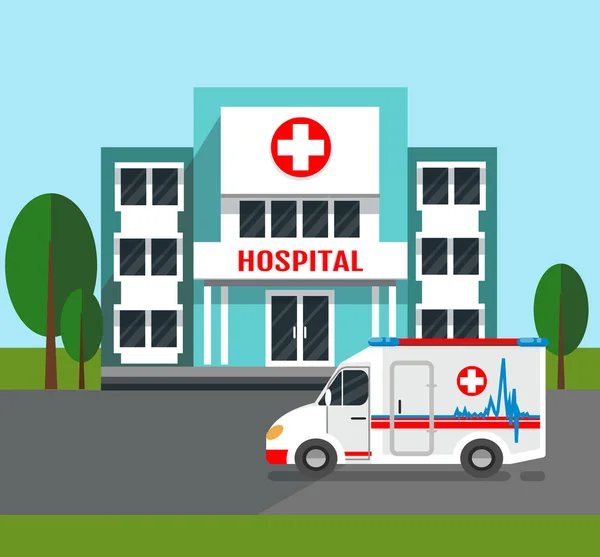 Hospital building and ambulance car. — Stock Vector