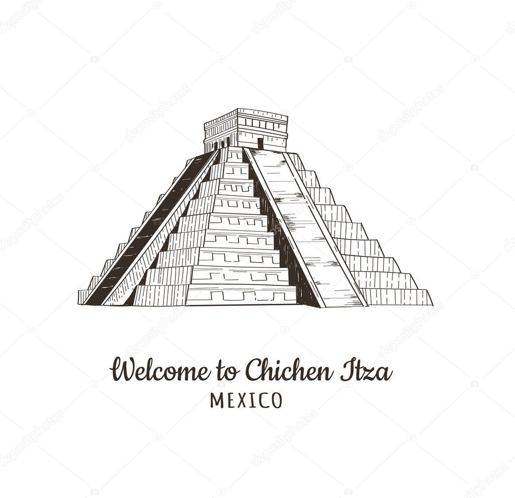 Welcome to Chichen Itza. Mexico. Mexican Pyramid of Maya vector illustration.  Maya civilisation