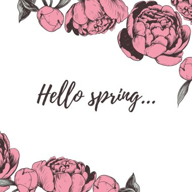 Merhaba bahar harfleri Peony vektör çizimi. 