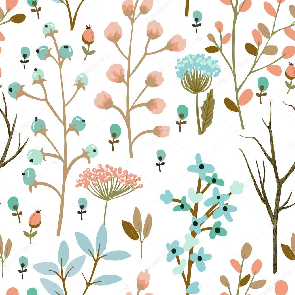 vector illustration design of hand drawn flowers and herbs seamless pattern. Decorative botanical background
