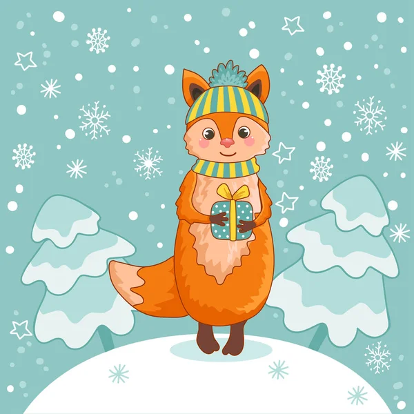 Kerstkaart met fox. — Stockvector