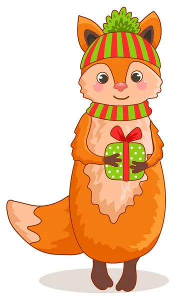 Cut fox christmas character with gift isolated. — Stock Vector