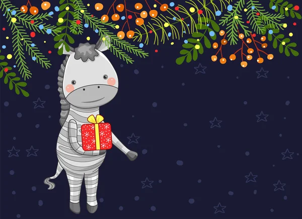 Kerstkaart met zebra. — Stockvector