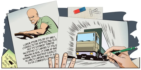 Stuwende kracht achter het stuur van de vrachtwagen. — Stockvector