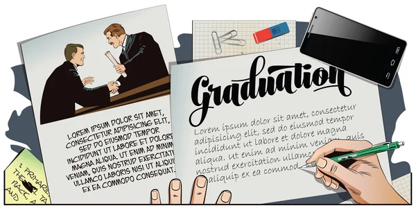 Mensen in retro stijl. Leraar presenteert diploma student. — Stockvector