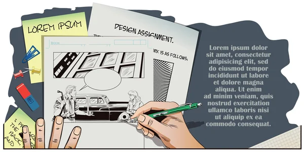 Man met gereedschap ter vervanging van de wielen van de auto. — Stockvector