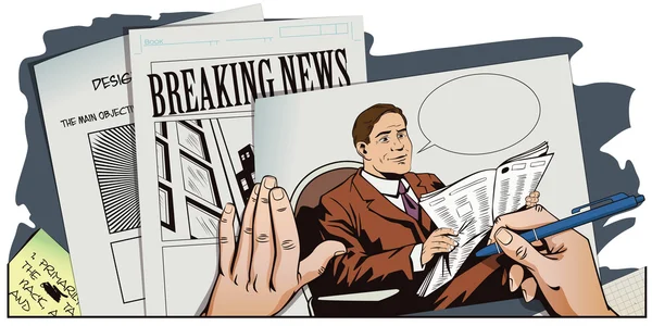 People in retro style. Businessman reads newspaper. — Stock Vector