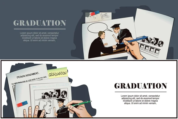 Des gens de style rétro. L'enseignant présente un étudiant diplômé . — Image vectorielle