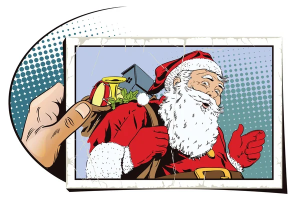 サンタ クロースとプレゼントの完全な袋。写真と手. — ストックベクタ