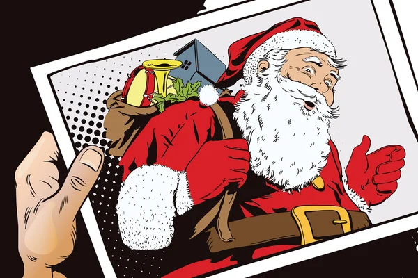 サンタ クロースとプレゼントの完全な袋。写真と手. — ストックベクタ