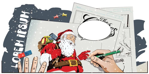 Santa Claus s taškou plnou dárků. Ruční barvy obrázku. — Stockový vektor