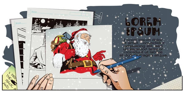 Santa Claus s taškou plnou dárků. Ruční barvy obrázku. — Stockový vektor